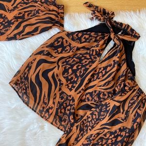 MINKPINK High Roller Neck Tie Cold Shoulder Blouse - Size S - Navy/Orange Animal